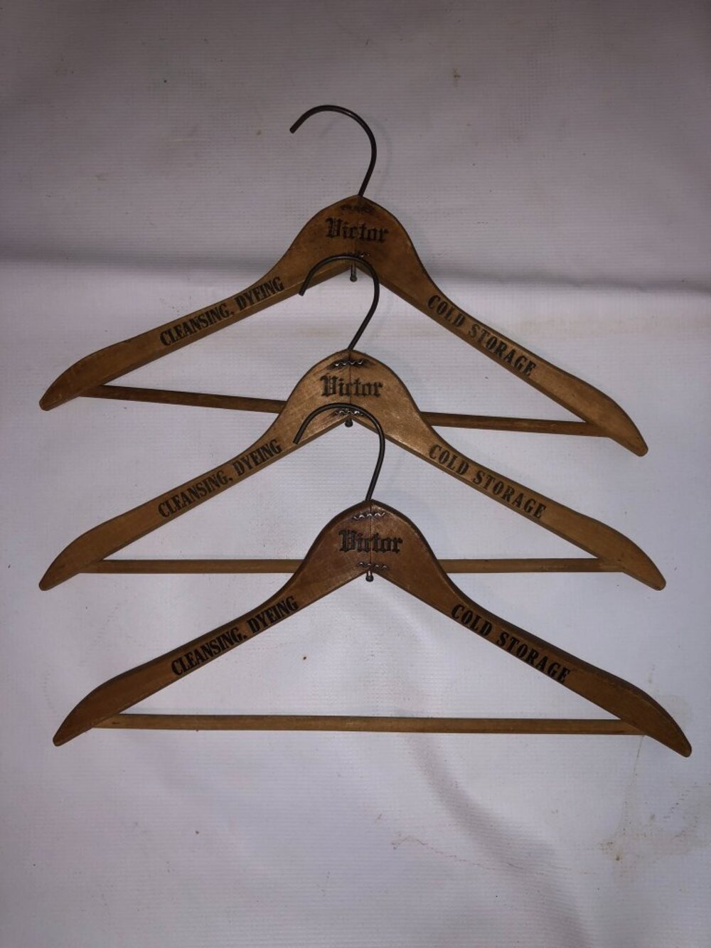 Vintage Wooden Advertising Coat Hanger Victor Cleaners - Lot of 3